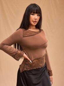 Forever 21 Plus Size Women Fashion Contrast Lace Asymmetrical Stitching Long Sleeve Round Neck T-Shirt