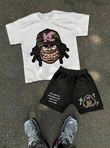 PAVTROS 2pcs Men Summer Cartoon Character Printed Crew Neck Tee & Drawstring Waist Shorts Set - Multicolor - View 1