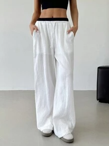 SHEIN EZwear Women's Casual Drawstring Waist Contrast Color Loose Long Pants