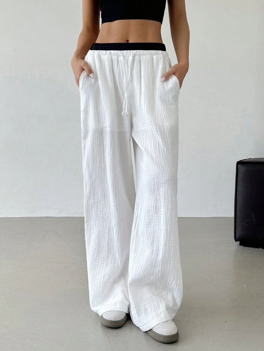 SHEIN EZwear Women's Casual Drawstring Waist Contrast Color Loose Long Pants
