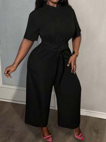 Slaydiva Mono liso con cinturón, media abertura delantera, para mujer, de largo, para fiesta y uso casual elegante - Negro - Ver 3