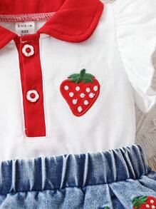 SHEIN Vintaside Kids 2pcs Baby Girls' Ruffled Strawberry Top Matched With Cartoon Denim Skirt Set - White - View 4
