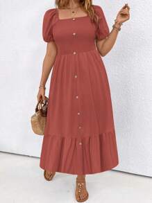 SHEIN LUNE Plus Size Solid Color Square Neck Ruffle Hem Short Sleeve Dress - Orange - View 5
