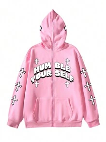 Manfinity EMRG Áo thun nam in chữ Zip Up có mũ trùm đầu - Hồng - Xem 5