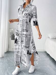 EMERY ROSE Women's Newspaper Print Shirt Dress Maxi Women Outfit - Black and White - View 4