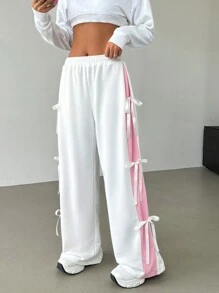 SHEIN EZwear Women's Elastic Waist Contrast Color Straight Leg Casual White Sweatpants With Bow Tie Graduation,Back To School Outfits,Graduation,Teacher Outfits For Women,Back To School