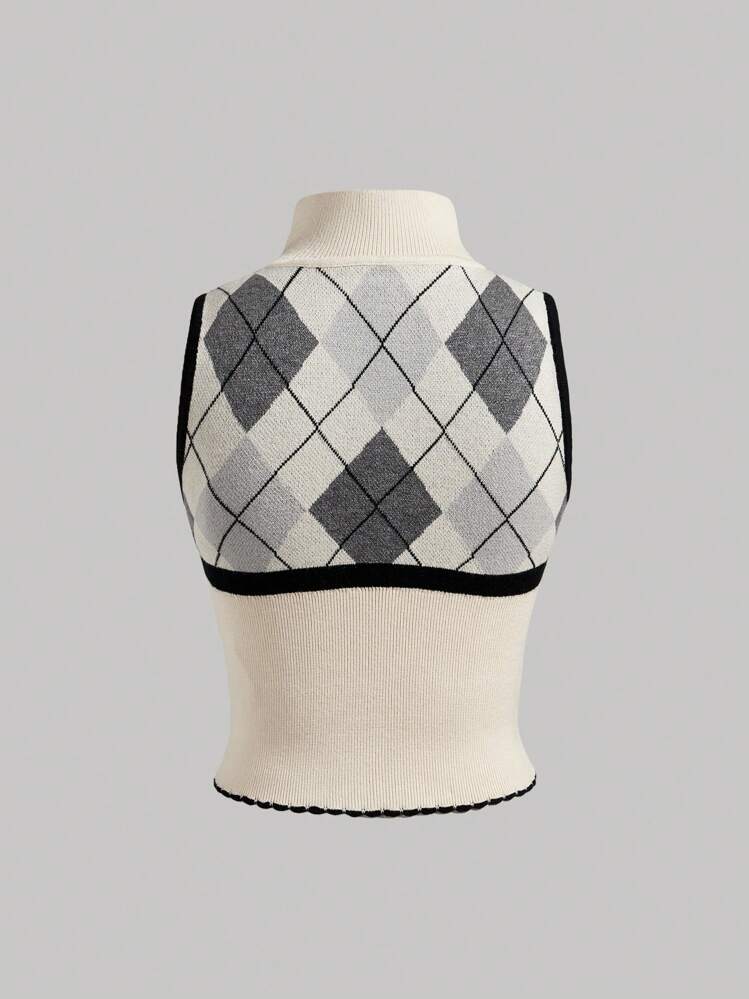 SHEIN MOD チェック柄 スタンドカラートップス、バックトゥースクール、ウール素材トップス、秋物、可愛いウールベスト - マルチカラー - 見る 2