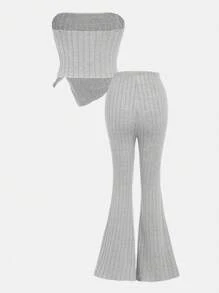 SHEIN Girlism 少女針織單色背心上衣和喇叭褲套裝，可拆卸肩帶，休閒風格 - 淺灰色 - 查看 2