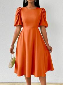 Lunelith SHEIN Lunessa 女式圆领泡泡袖喇叭长裙，春夏女式长款服装 - 橘色 - 查看 3