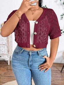 Calvaya Plus Size Casual Solid Color Hollow-Out Knitted Short Sleeve Cropped Cardigan For Summer - Burgundy - View 5