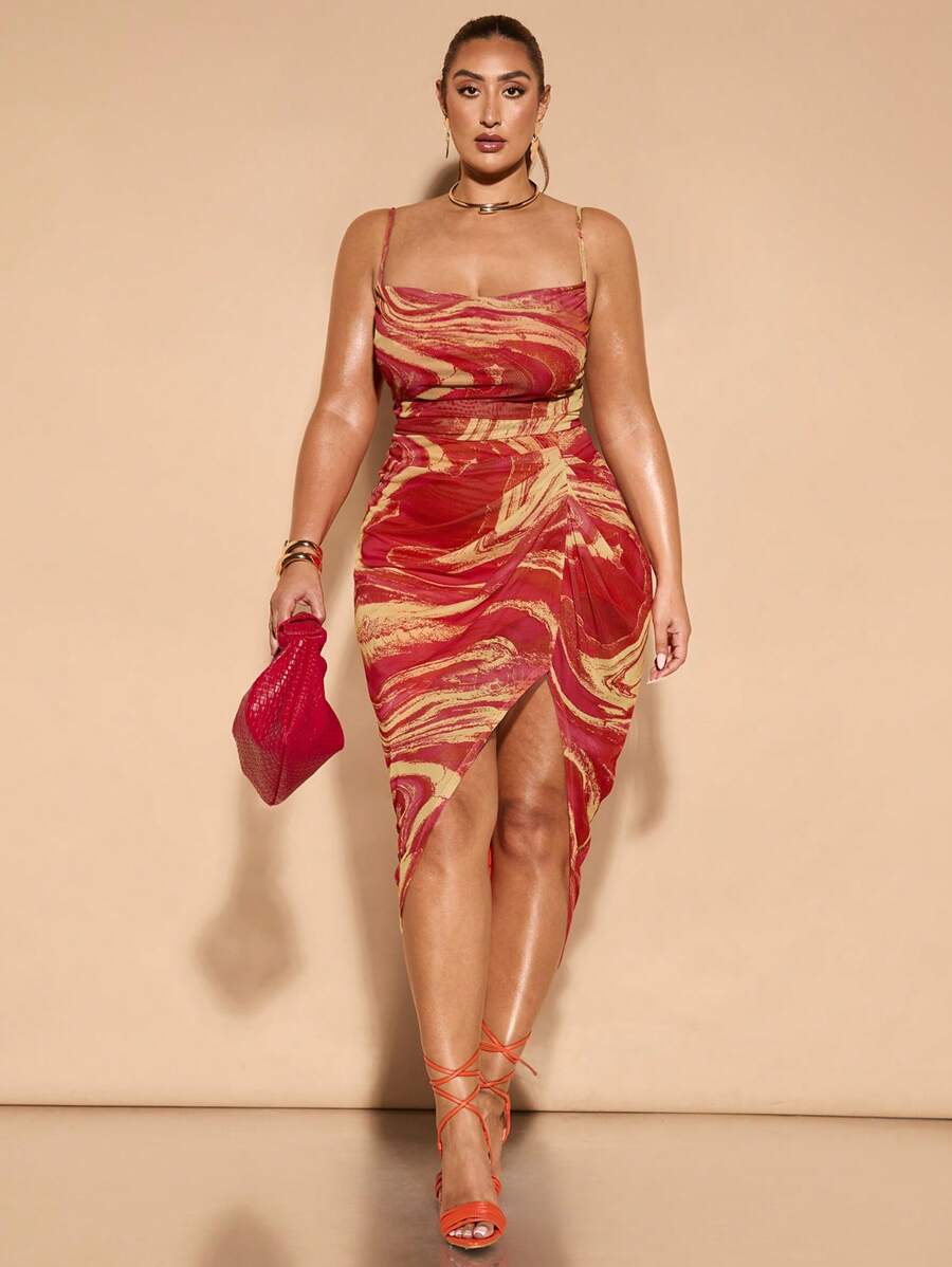 SHEIN BAE Plus Size Women's Color Rub Print Elegant Party Strap Draped Midi Dress