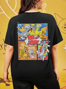 TOM & JERRY X SHEIN Camiseta de manga corta, estampado vintage de dibujos animados, talla grande, color negro