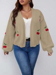 Flirla Plus Size Cherry Print Casual Loose Style Knit Cardigan, Long Sleeve - Khaki - View 4