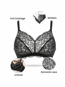 LUVLETTE Plus Black Sexy Lingerie Lounge Curve Full Coverage Unlined Lace Elegance Sheer Breezy Comfort Bralette Minimizer Bra - Black - View 3