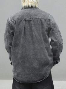 Claim Dot 男士拉链口袋设计长袖休闲牛仔衬衫 - 灰色 - 查看 2