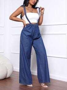 SHEIN SXY Peto vaquero recto y mono de mujer con tirantes cruzados, casual y de moda - Azul - Ver 3