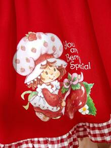 Strawberry Shortcake X SHEIN Tween Girl Cartoon Strawberry Character Printed Contrast Red Plaid A-Line Skirt - Red - View 7