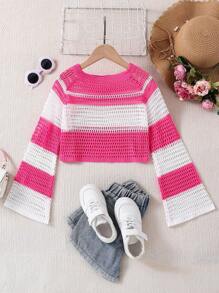 SHEIN Tween 女童圆领撞色休闲毛衣