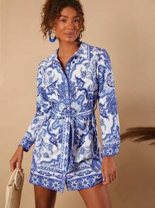 Travachic 女士花卉印花长袖衬衫和休闲短裙，秋季女装 - 藍白色 - 查看 1
