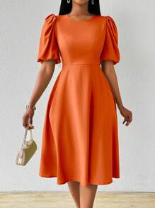 Lunelith SHEIN Lunessa 女式圆领泡泡袖喇叭长裙，春夏女式长款服装 - 橘色 - 查看 4