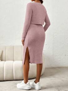 SHEIN 2pcs Maternity Casual Solid Color Side Slit Strap Dress And Long Sleeve Top Set, Spring Autumn - Dusty Pink - View 2