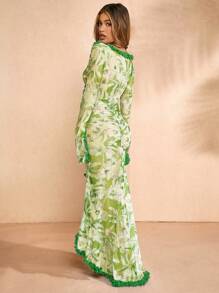 Hauture Floral Frill Cut Out Ruffle Hem Summer Dress - Green - View 2
