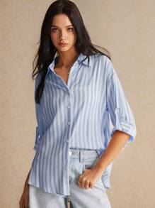 Poéselle 100% 粘胶纤维，超柔软，女士条纹花卉休闲日常穿着春夏衬衫，宽松版型，休闲轻松时尚 - 藍色 - 查看 2