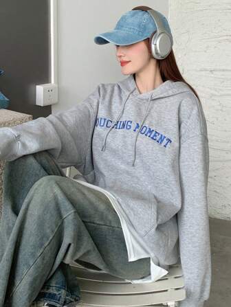 DAZY Dazy X KIMYOUJUNG Collection Women's Letter Embroidered Loose Hooded Celebrity Sweatshirt,Fall Clothes