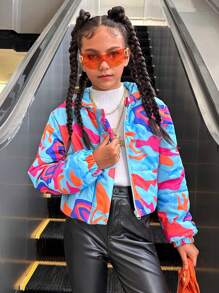 SHEIN Explorewe Tween Girls Colorful Abstract Pattern Hooded Casual Cropped Long Sleeve Thicken Warm Winter Jacket - Multicolor - View 5