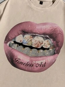 Manfinity ZONE917 Men's Loose And Fashionable Street-Style Retro Creative Lips  Angel Madonna Oil Painting Print Khaki Knit T-Shirt. - Khaki - View 4