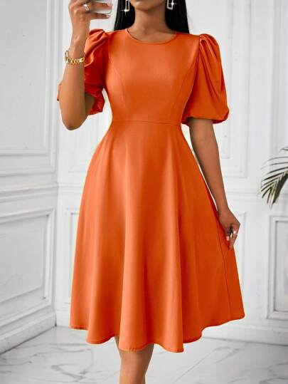 Lunelith SHEIN Lunessa 女式圆领泡泡袖喇叭长裙，春夏女式长款服装