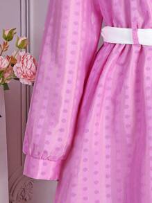 Teen Girls Collared Minimalist Casual Long Sleeve Dress - Pink - View 5