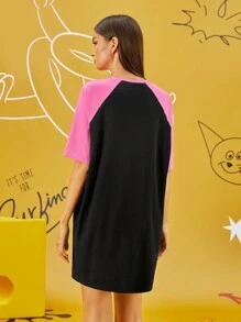 TOM & JERRY X SHEIN Damska koszula nocna z kontrastowym nadrukiem kreskówkowym, raglanowymi rękawami, lato