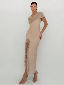Aloruh Women's Solid Color Hooded Ruffled Neck Mesh Ruffled Slit Dress With Extra Long Ruffle Sleeves - Light Grey - View 6