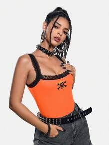 Studio Schimm Nghệ sĩ Halloween, Y2K, Thời trang đường phố, Áo ba lỗ cắt ngắn ôm vừa vặn viền ren tối màu dành cho nữ, Ngày lễ, Kỳ nghỉ, Mùa xuân, Bãi biển, Đi chơi, Lễ hội, Phù hợp với Ibiza, Trang phục phương Tây - trái cam - Xem 2