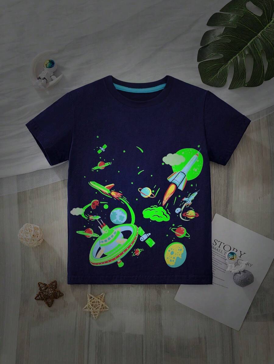 Young Boy Night Glowing Cartoon Space Technology Printing Summer Short Sleeve T-Shirt - Navy Blue - View 1