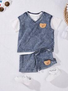 SHEIN 男婴 2 件套夏季休闲复古风格可爱熊贴花针织牛仔背心上衣和直腿针织牛仔短裤套装，适合户外服装和日常穿着 - 淺色水洗藍 - 查看 1