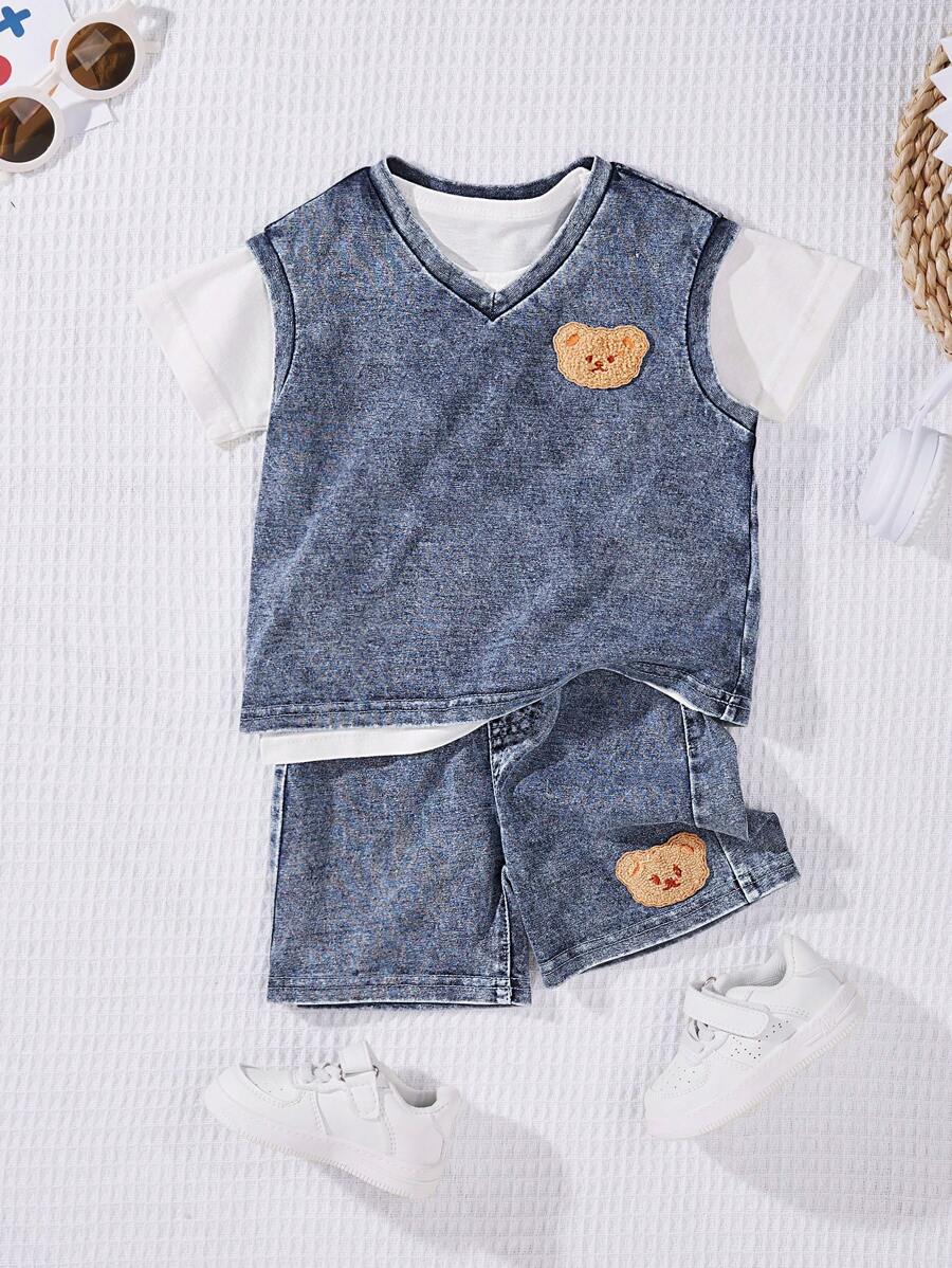 SHEIN 男婴 2 件套夏季休闲复古风格可爱熊贴花针织牛仔背心上衣和直腿针织牛仔短裤套装，适合户外服装和日常穿着 - 淺色水洗藍 - 查看 1