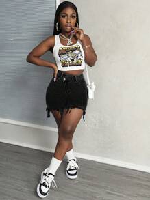 SHEIN Slayr Women's Button Fashionable Raw Edge Hem Design Street Style Mid-Rise Denim Shorts - Black - View 5