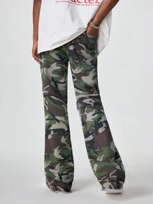 PAVTROS 男士迷彩牛仔紧身喇叭牛仔裤修身破洞工装牛仔裤，适合送给老公、男朋友的礼物 - 軍綠色 - 查看 2