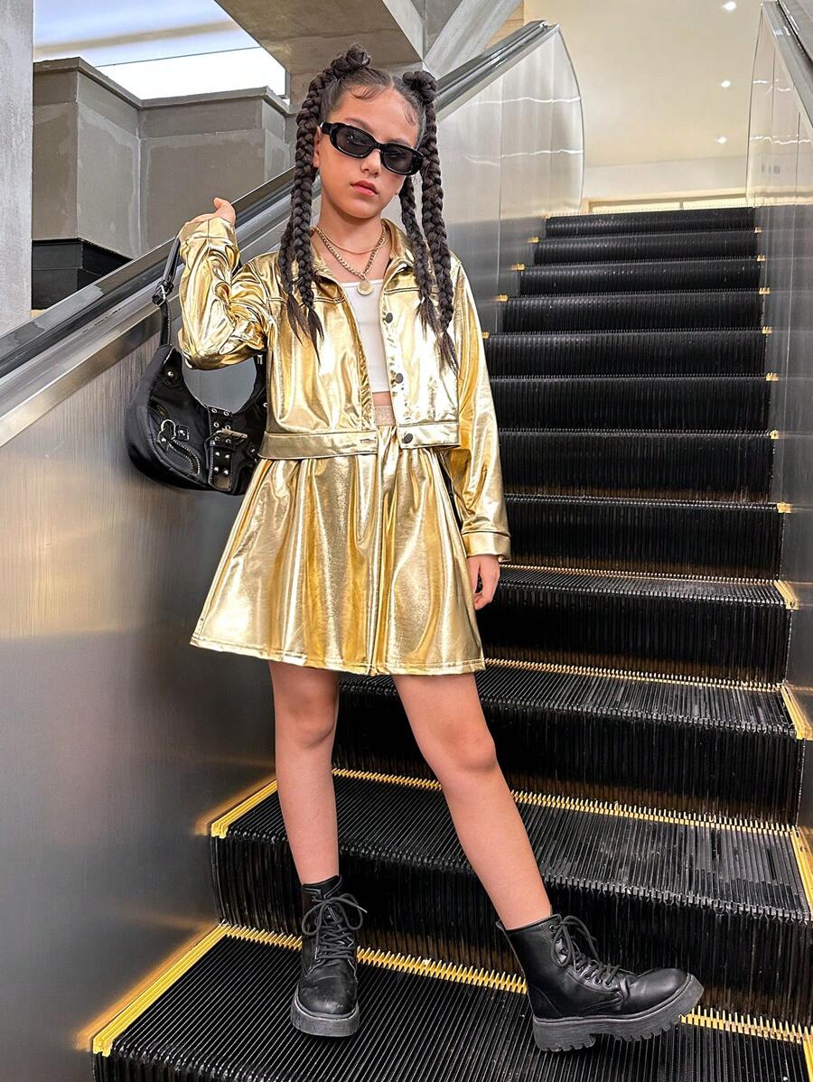 SHEIN Explorewe 2pcs Tween Girl Casual Gold PU Leather Jacket & Mini Skirt Set - Gold - View 1