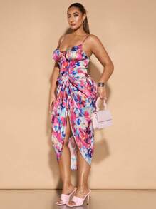 SHEIN BAE Vestido elegante de primavera con escote en V, tirantes finos, drapeado y estampado floral en satén para mujer de talla grande