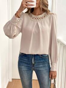 Chiquease Solid Color Hollow Splice Round Neck Long Sleeve Button Casual Top Fall Cloth For Women - Apricot - View 6