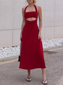 SHEIN Essnce 女式夏季吊带腰中长镂空细节连衣裙 - 紅色 - 查看 5