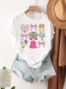 INAWLY Camiseta holgada informal de mujer con lazo y estampado de libros, de manga caída, para verano, camiseta gráfica para mujeres
