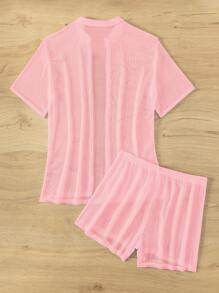 SHEIN Swim Women Solid Color Knitted Sheer V-Neck Short Sleeve Cover Up And Shorts Summer Outfit 2pcs/Set,Summer Beach - Pink - View 7