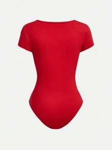 SHEIN Girlism 2 cái/bộ Áo liền quần ngắn tay dệt kim cổ tròn vừa vặn cho các cô gái tuổi teen - Đỏ - Xem 7