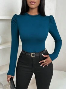 Zolique 女款圓領泡泡袖優雅休閒修身長袖T恤，秋冬服飾，辦公室穿搭下裝，青藍色 - 藍色 - 查看 5
