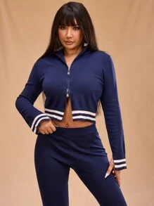 Forever 21 Damen Große Größen Lässig Vintage Langarm Reißverschluss Gestrickter Cardigan, Herbst/Winter - marineblau - Übersicht 6