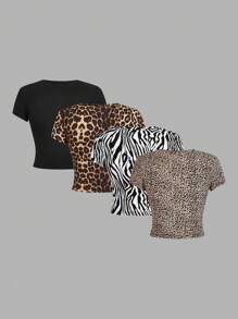 SHEIN EZwear 4pcs/Set Women's Leopard & Zebra Print Milano Pattern Round Neck Short Sleeve Fitted T-Shirts, Summer Wear